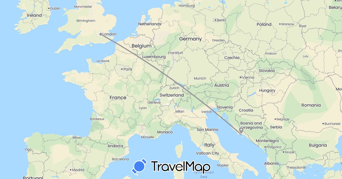 TravelMap itinerary: plane in United Kingdom, Croatia (Europe)